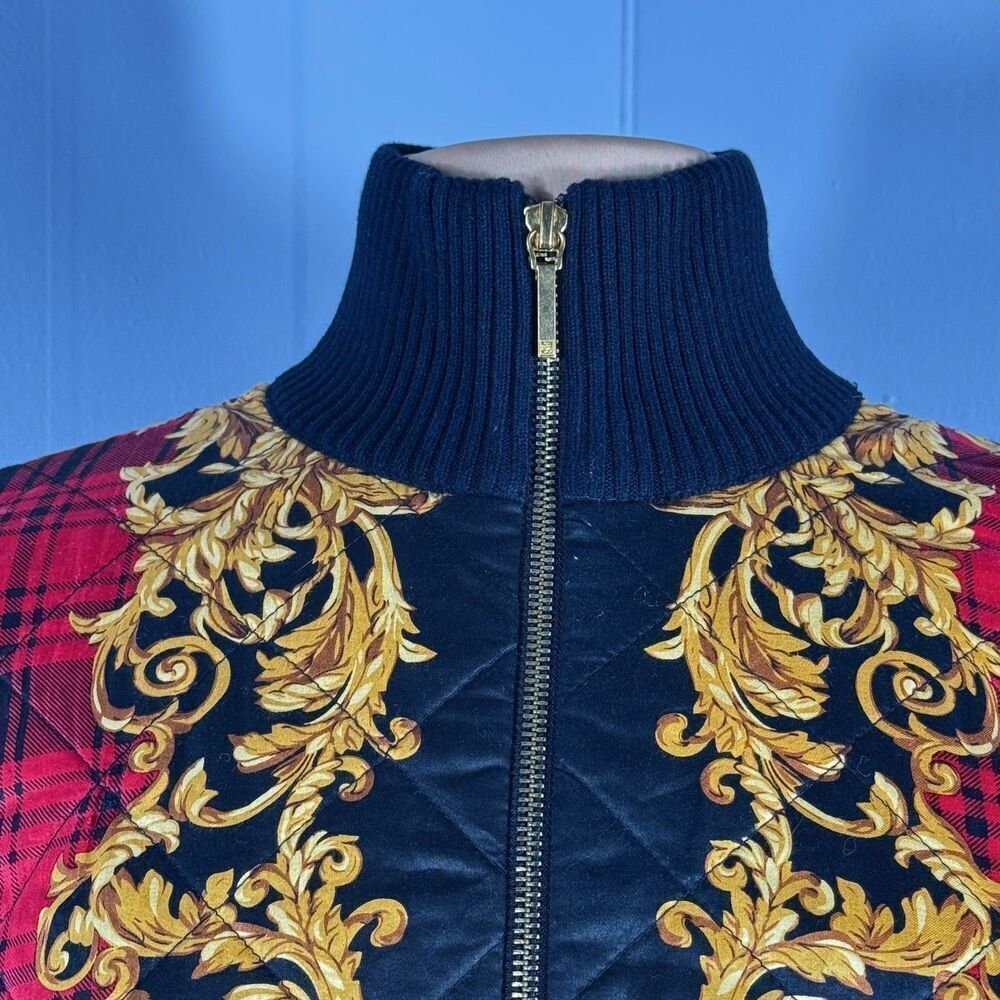 Ralph Lauren Sz L Black Knit Gold Baroque Cotton Quilted Front Zip Cardigan - Picture 5 of 13